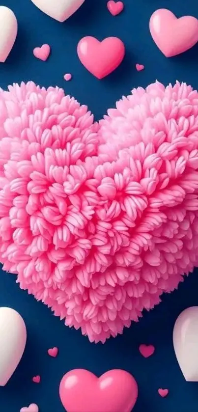 Fluffy pink heart on a blue background with decorative hearts.