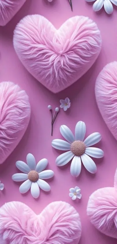Mobile wallpaper with pink fluffy hearts and white flowers.