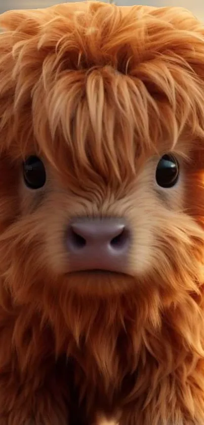 Cute fluffy Highland calf with warm brown fur, perfect for mobile wallpaper.