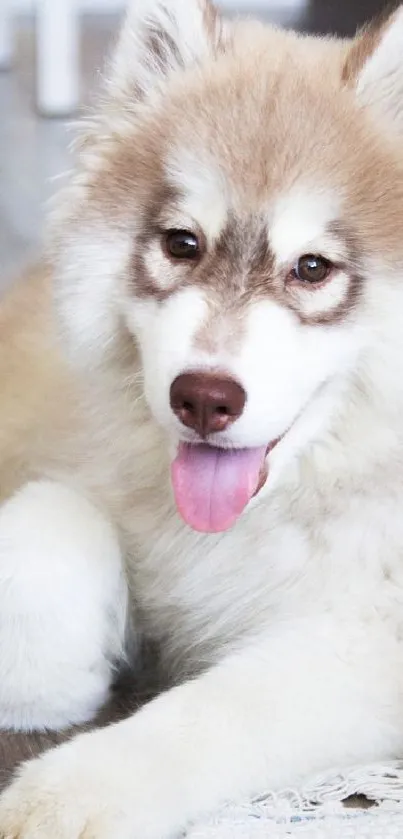 Fluffy husky puppy lying on the floor.