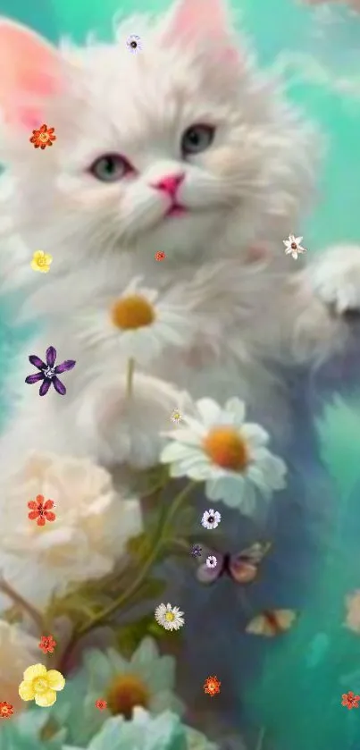 Cute fluffy kitten with flowers on teal background.