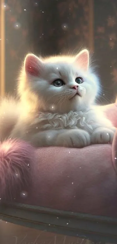 Fluffy white kitten on a pink chair by the fireplace, soft and cozy setting.