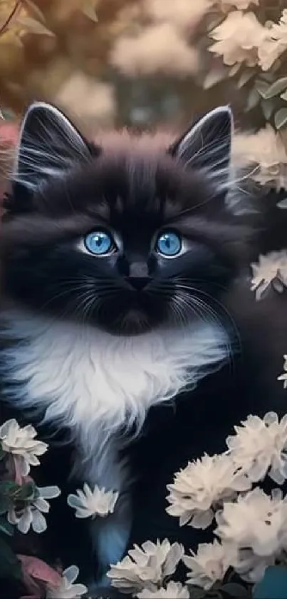 Fluffy black kitten with blue eyes surrounded by white flowers in a garden.