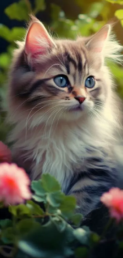 Fluffy kitten surrounded by flowers in a garden wallpaper.