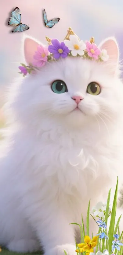 White kitten with flower crown and butterflies.