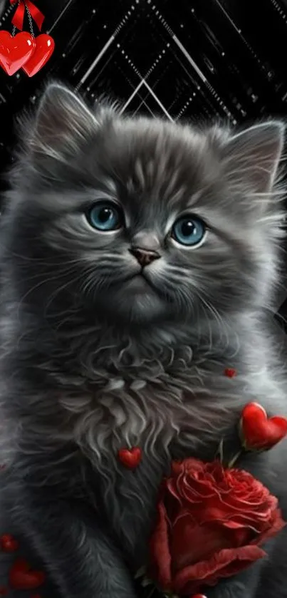 Fluffy gray kitten with red roses and hearts background.