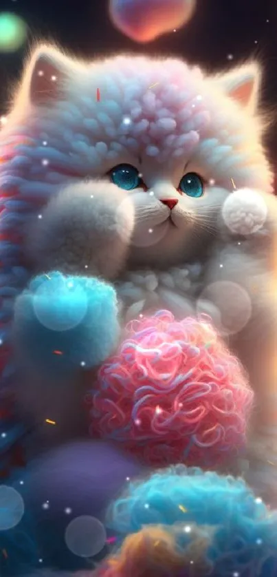 Fluffy pastel cat surrounded by colorful, dreamy cotton candy clouds.