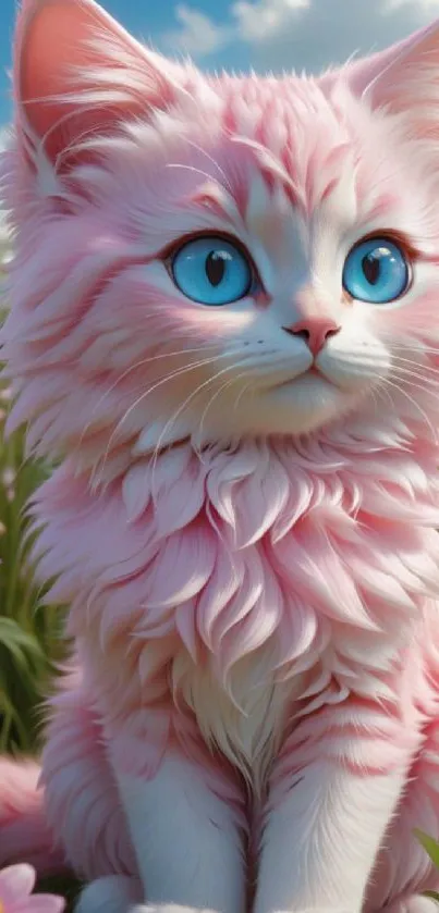 Fluffy pink kitten with blue eyes in a flower field