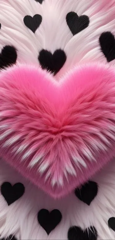 Fluffy pink heart wallpaper with black hearts.