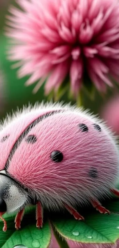 Fluffy pink ladybug on a green leaf with vibrant blossoms.