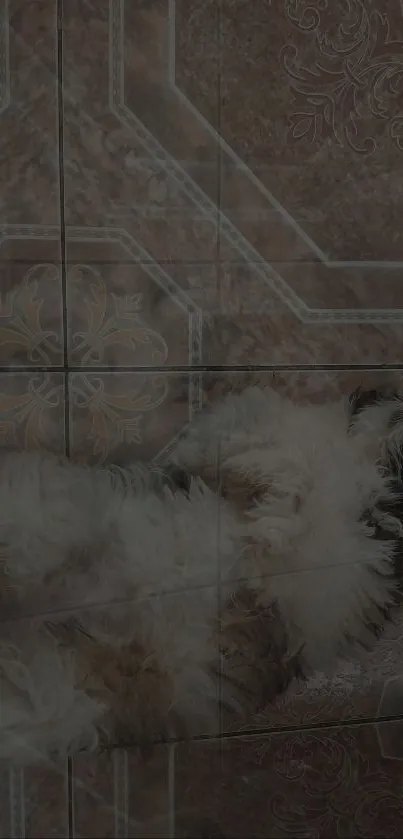 Fluffy dog lying on a decorative tiled floor.