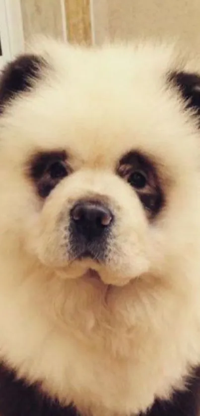 Fluffy puppy sitting on beige floor with a cute expression.