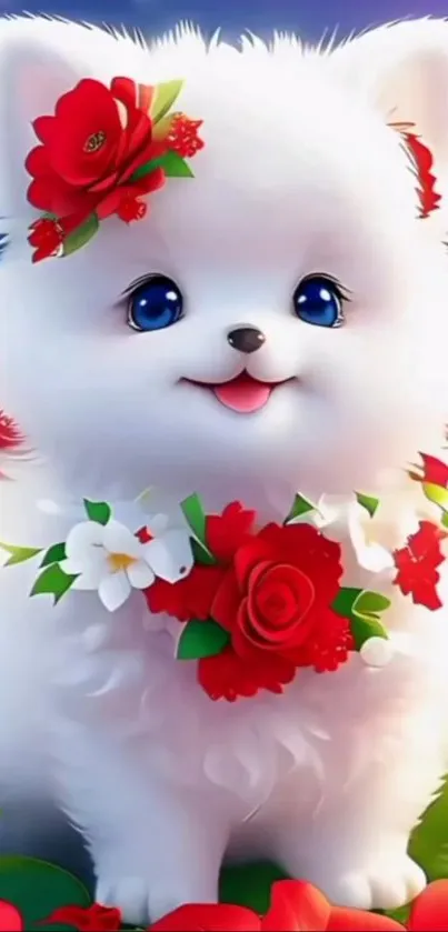 Adorable fluffy puppy with red floral accents.