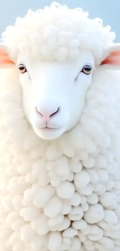 Fluffy white sheep with a soft blue background.