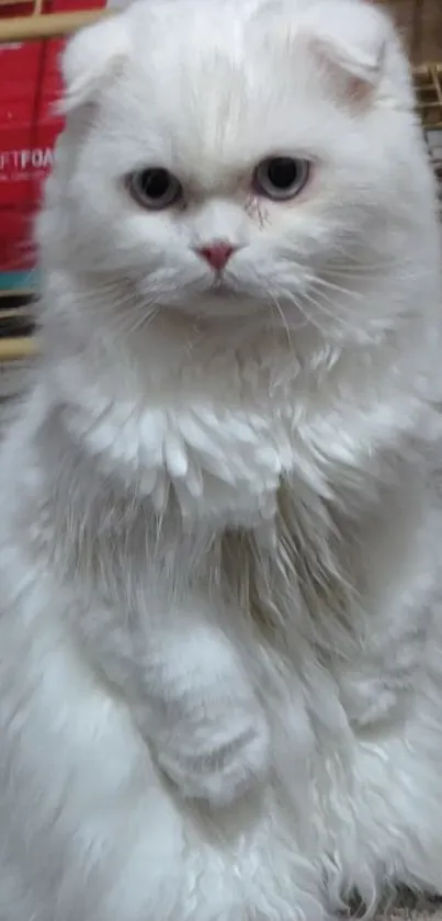 Fluffy white cat sitting adorably with a curious expression.