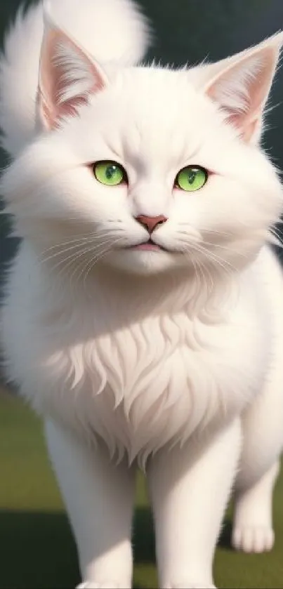 Fluffy white cat with green eyes walking outdoors.