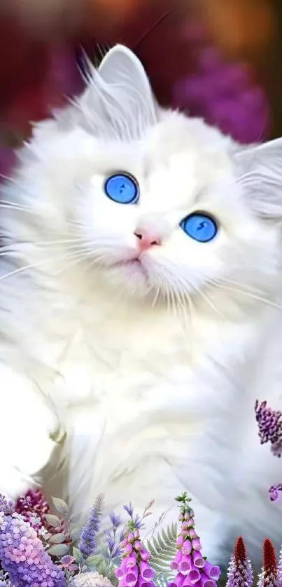 Fluffy white cat with blue eyes and a floral background.