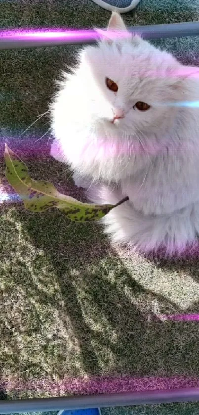 Fluffy white cat sitting on green grass with leaf shadow.