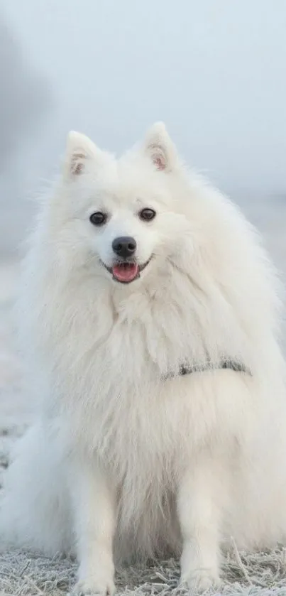 Fluffy white dog sitting on snowy ground, looking happy.