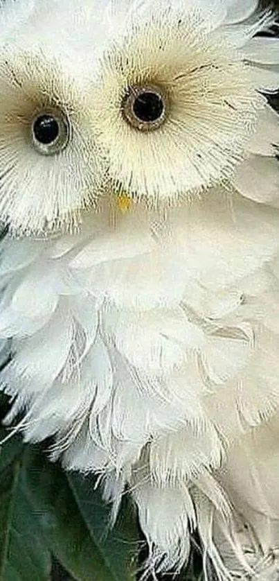 Fluffy white owl with intricate feathers on a branch.