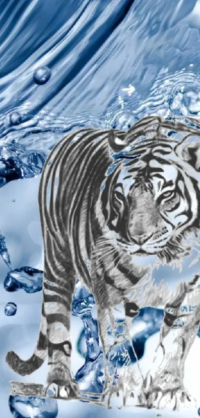 Graceful tiger intertwined with blue water waves in stunning wallpaper.