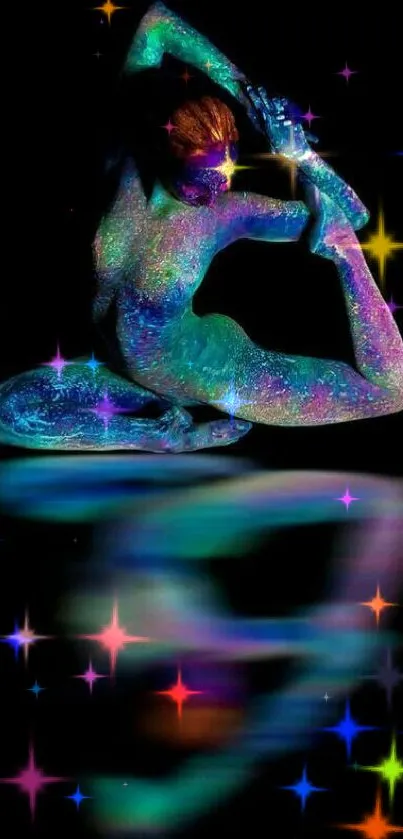 Luminescent yoga pose with glowing colors on a black background.