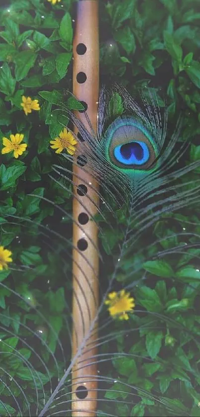 Bamboo flute and peacock feather resting on green leaves.