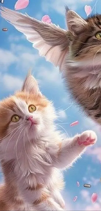 Two angelic kittens with wings flying in the blue sky.