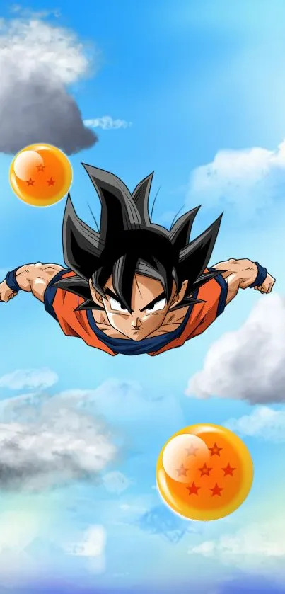 Anime hero flying with dragon balls in a vibrant sky.