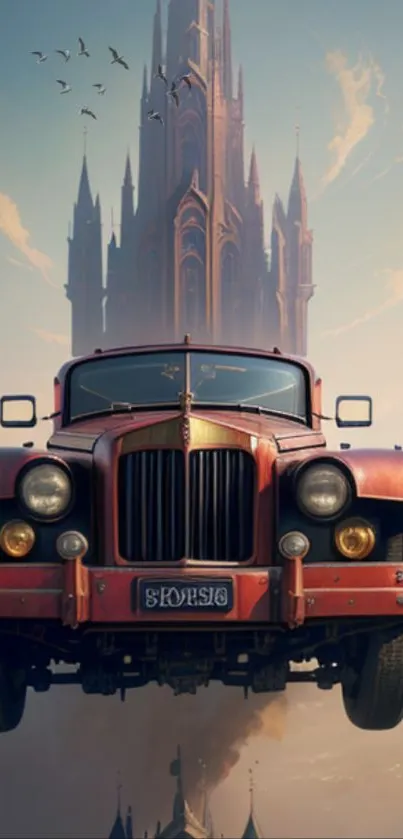 Flying vintage car against a castle backdrop with a blue sky.