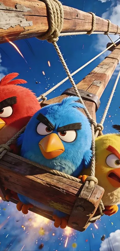 Three colorful cartoon birds flying in the sky.