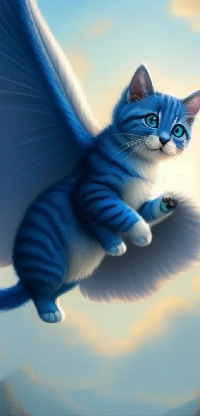 Blue-winged cat flying in a fantasy sky.