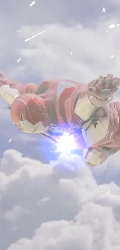 Sci-fi character in red armor flying through the sky.