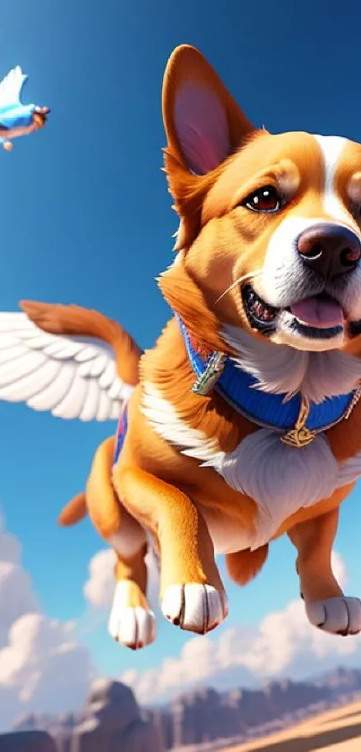 Flying corgi with wings in a clear blue sky.