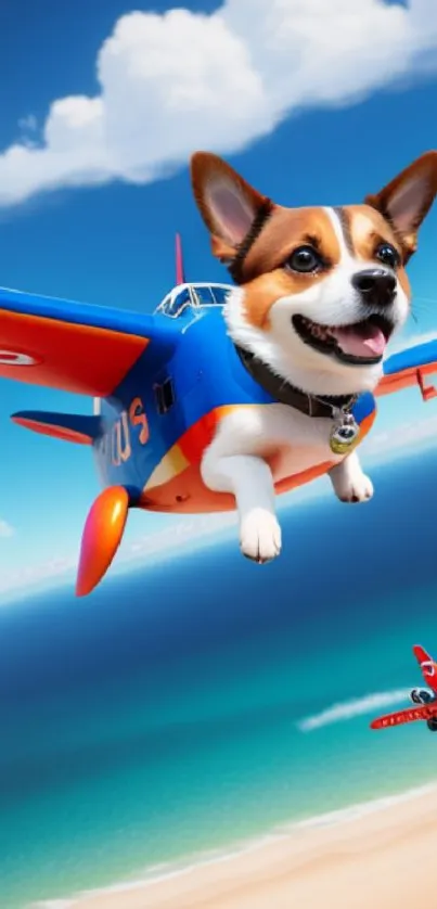 Cute dog flying airplane over a beach with a blue sky.