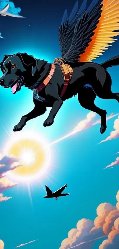 Black dog with wings flying in a sky filled with clouds and sunlight.