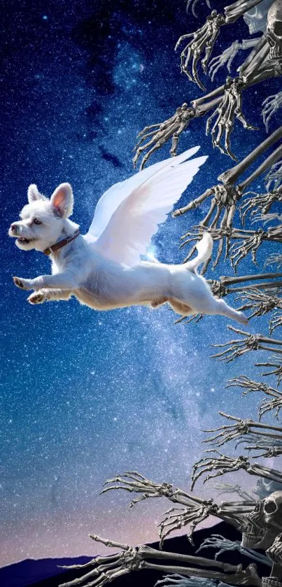 Whimsical dog with wings flying in a starry galaxy night.