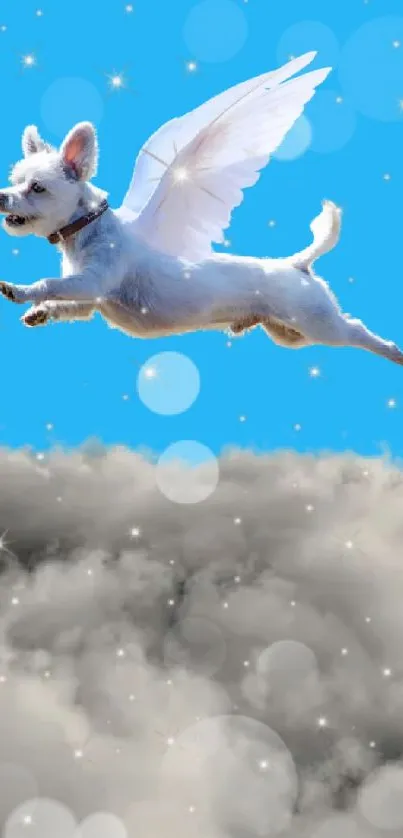 Flying dog with wings over clouds and stars.