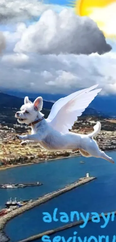 Whimsical wallpaper of a flying dog with wings over a cityscape with blue sky.