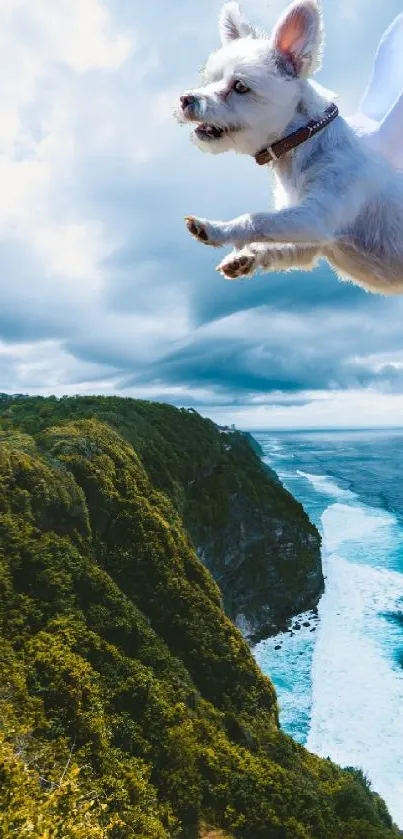 Flying dog soaring above cliffs and ocean under bright sky.