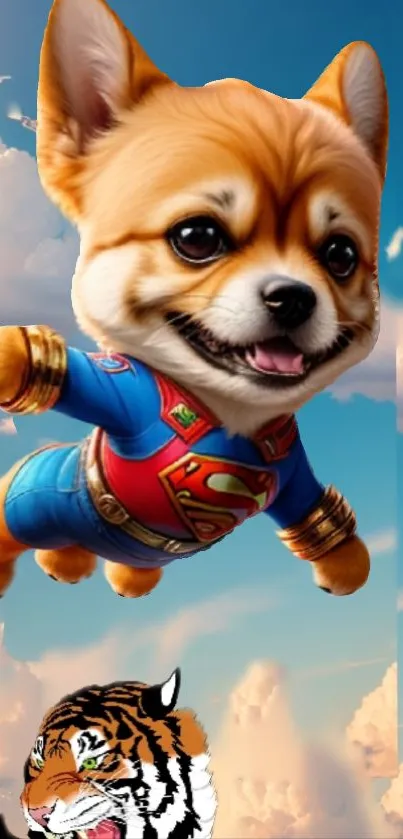 A cute dog in a superhero costume flying in the sky with a tiger below.