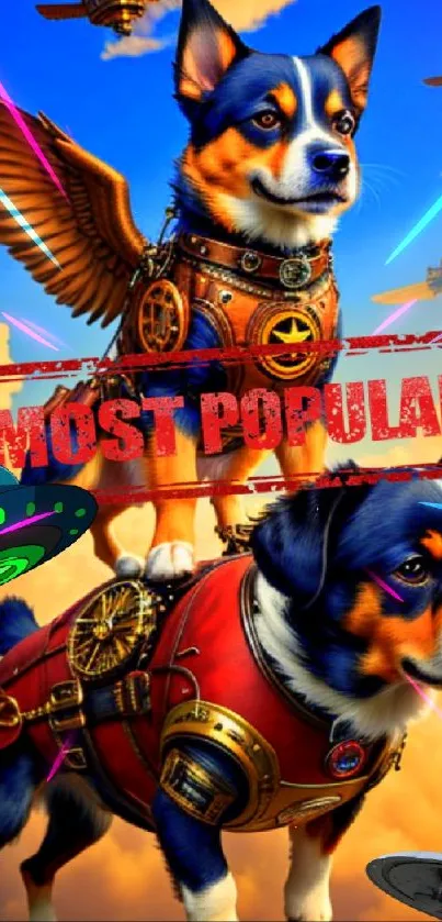 Colorful fantasy wallpaper with flying steampunk dogs in sky armor.