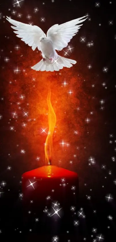 A glowing candle with a white dove flying above, surrounded by sparkling stars.