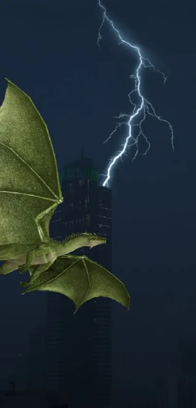 Dragon soaring over city skyline with lightning backdrop.