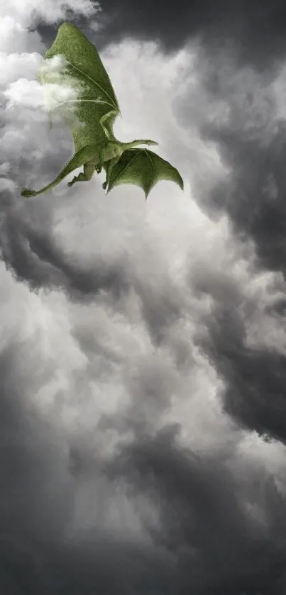 Green dragon flying through stormy clouds in a mystical sky.