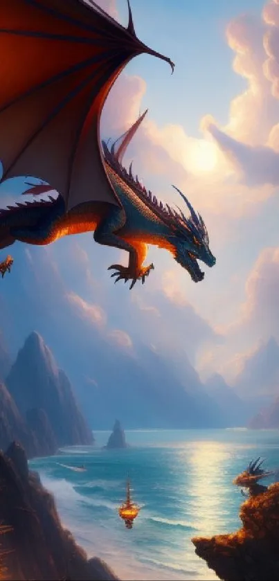 Dragon flying over ocean and cliffs with sky backdrop.