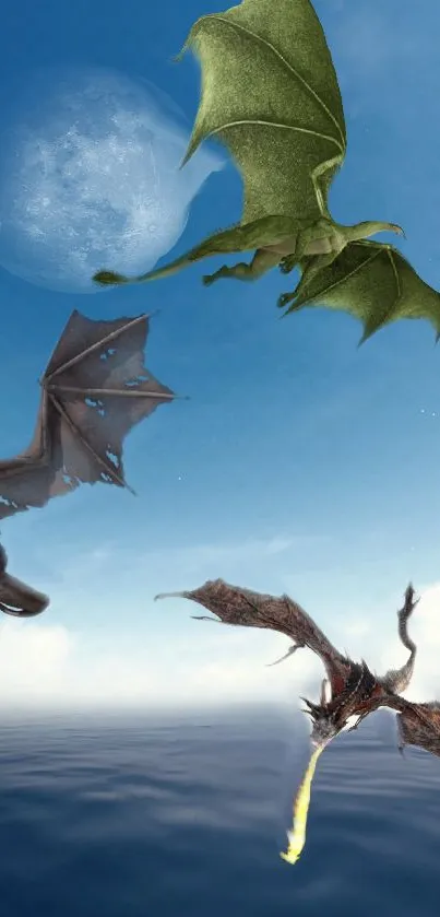 Fantasy dragons flying over ocean with sky backdrop.