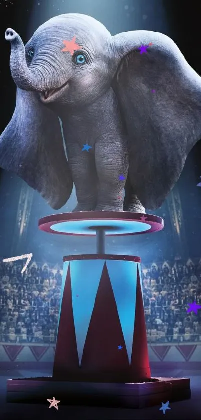 Flying elephant standing on stage in circus atmosphere.