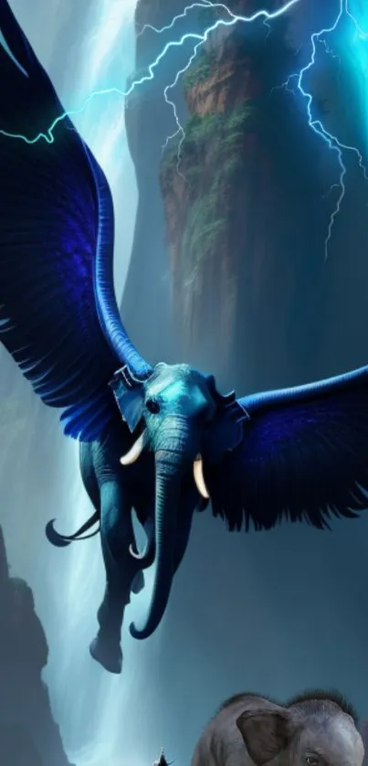 Flying elephant with blue wings in a mystical, lightning-filled sky.