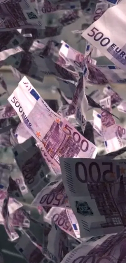 Wallpaper with flying 500 euro banknotes showcasing financial abundance.